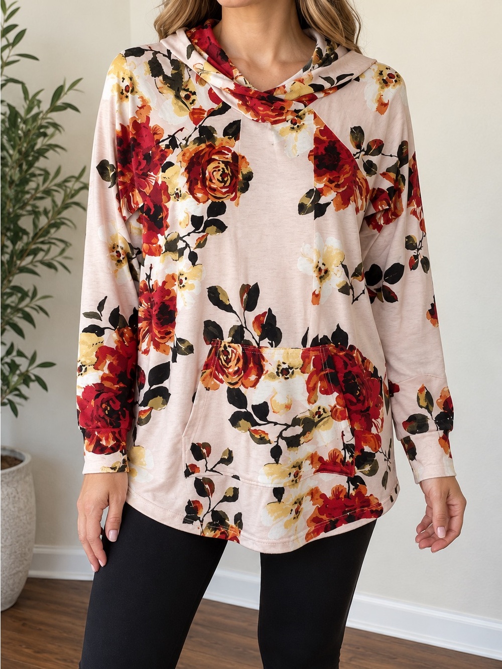 LuLaRoe Floral Hooded Tunic in Blush, Red and Cream